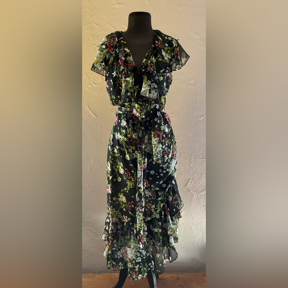 Vintage Floral Ruffle Midi Dress - Black Floral - Picture 12 of 15